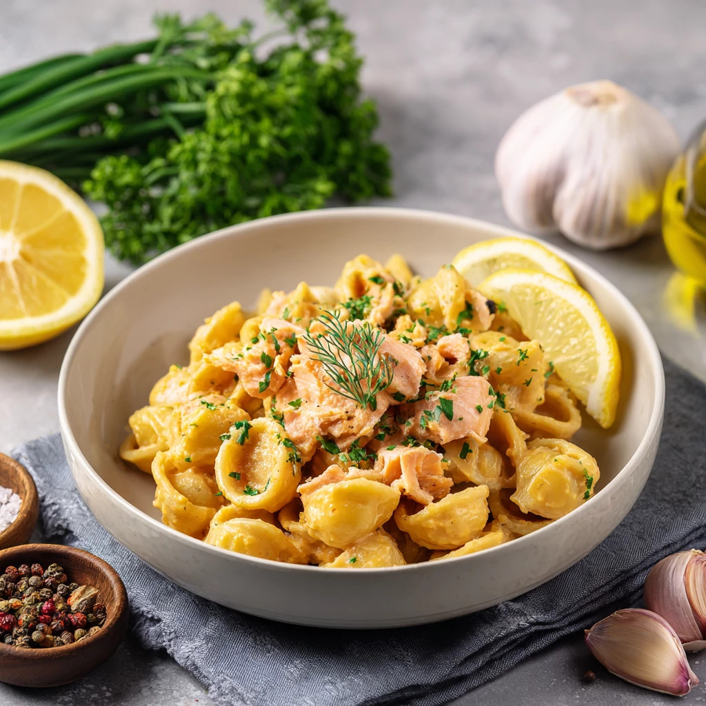 Cremige Linsenpasta mit Lachs & Zitrone